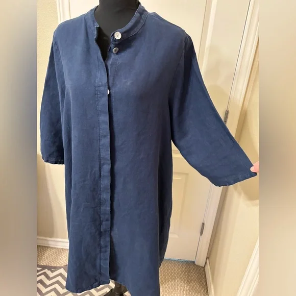 Bryn Walker Dress Linen Large Blue Long Shirt  Tunic Pockets Made in USA Lagen - Picture 5 of 16